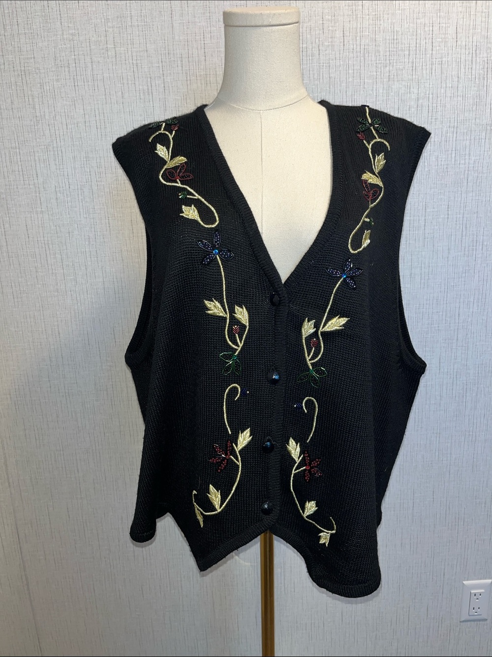 Black Embroidered V-Neck Button Front Women’s Vest